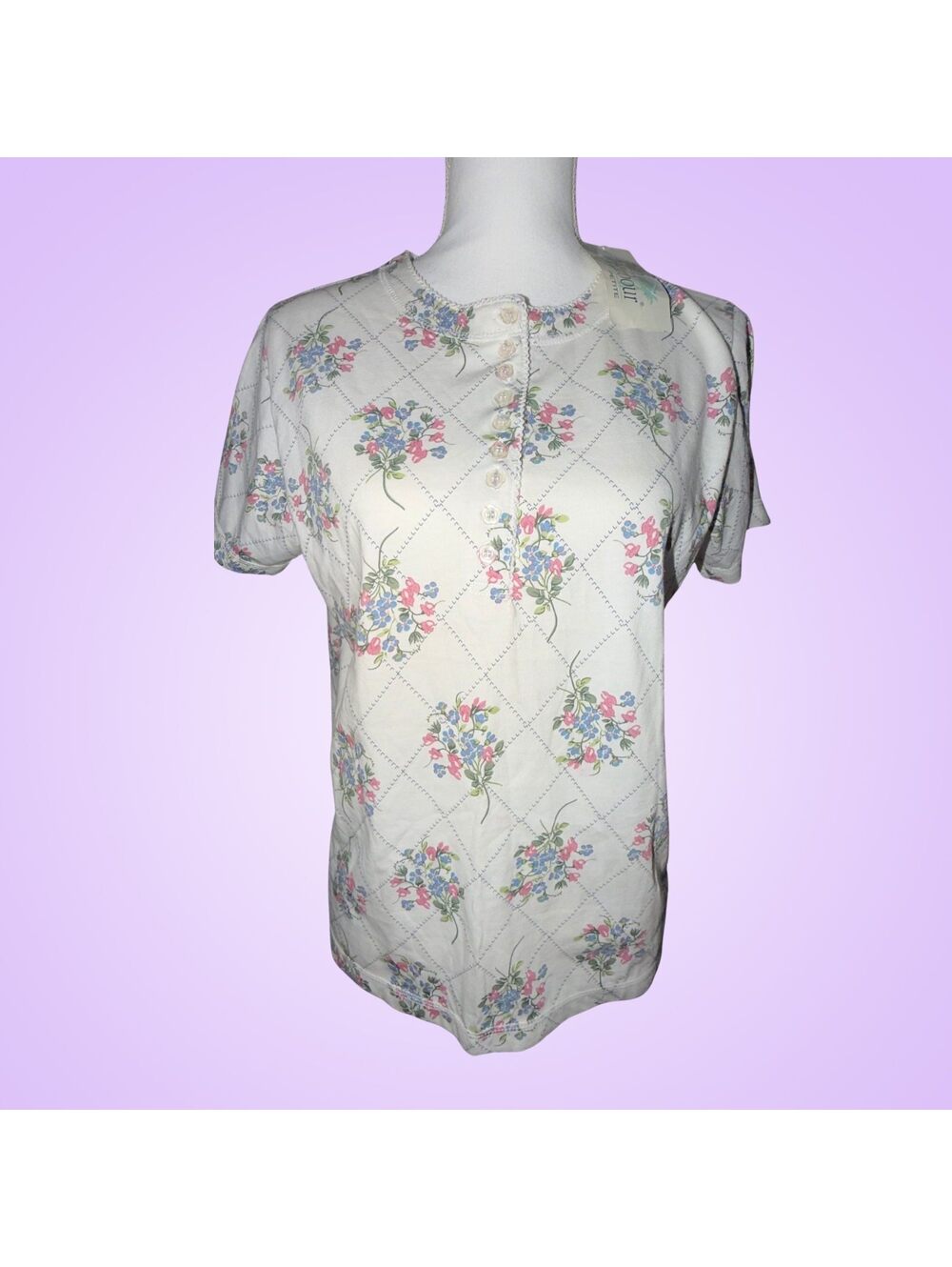 Women’s PS Small New Palm Harbour Petite Cream Floral Argyle Henley Shirt
